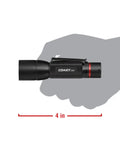 HX5 410 Lumen LED Flashlight with Pure Beam Focusing and Slide Focus, 4-inch size, shown in hand for scale.