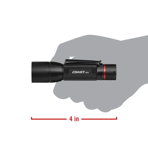 HX5 410 Lumen LED Flashlight with Pure Beam Focusing and Slide Focus, 4-inch size, shown in hand for scale.