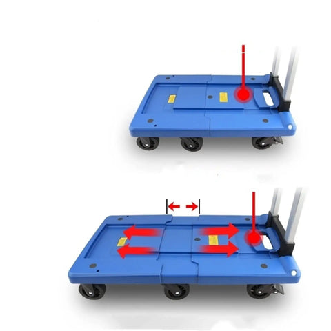 Lightweight Folding Platform Truck With Retractable Handle for No Sweat Daily Grind, showing compact blue cart in folding position.