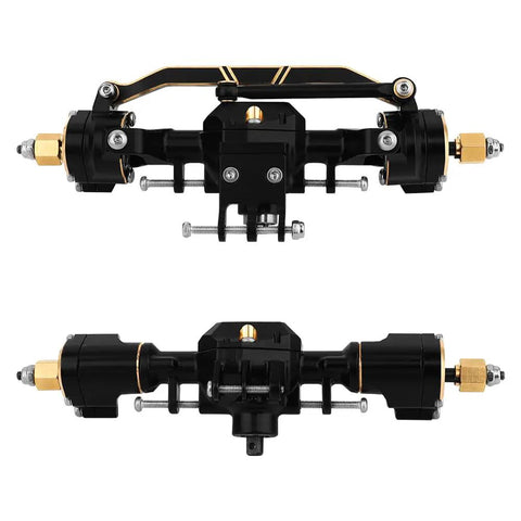 Brass Portal Axles Front And Rear Set For 1 By 18 RC Crawler, detailed view showing brass housings and hard steel shafts.