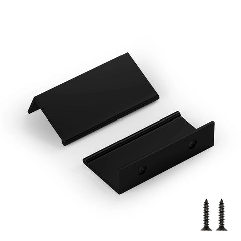 10 Pack Black 3 Inch Edge Finger Cabinet Pulls With 76mm Center To Center, aluminum alloy hardware, shown with screws