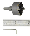 Side view of a 2-inch carbide-tipped metal hole saw with ruler and L-shaped hex key