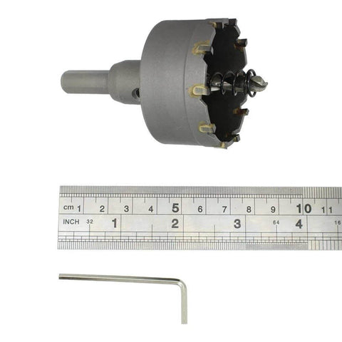 Side view of a 2-inch carbide-tipped metal hole saw with ruler and L-shaped hex key