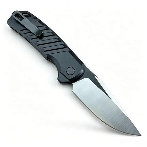 No Hassle Button Lock Pocket Knife with D2 steel blade and aluminum handle, featuring a reversible clip for outdoor use.