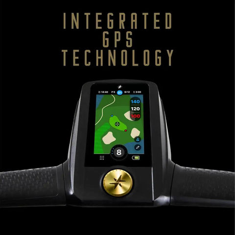 Slick Remote Controlled Electric Golf Push Cart Bundle With Top Shelf Touchscreen Gps Navigation And Preloaded Courses For Thirty Six Holes With Built In Drink Holder And Compact Umbrella Mount Plus Badass Travel Carry Bag showing integrated GPS technology display.