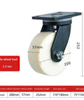 Heavy Duty Eight Inch Nylon Swivel Casters Built Beefy With Carbon Steel Bearings And A Riveted Base For Crush Proof Performance side view.