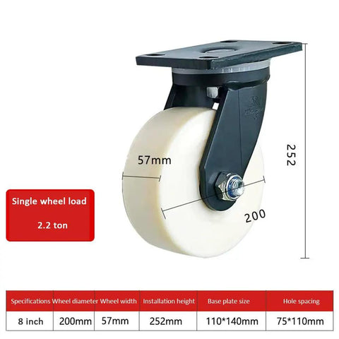 Heavy Duty Eight Inch Nylon Swivel Casters Built Beefy With Carbon Steel Bearings And A Riveted Base For Crush Proof Performance side view.