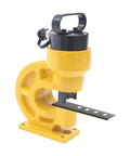 Heavy Duty Hydraulic Crimping Tool And Hole Punching Machine For Bus Bars High Speed Iron Working 374 Inch Depth 31 Ton Pressure Rust Resistant Steel Build Long Lasting Performance Comfortable Grip Design, angled view with a yellow steel frame.