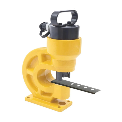 Heavy Duty Hydraulic Crimping Tool And Hole Punching Machine For Bus Bars High Speed Iron Working 374 Inch Depth 31 Ton Pressure Rust Resistant Steel Build Long Lasting Performance Comfortable Grip Design, angled view with a yellow steel frame.