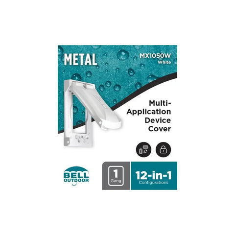 MX1050W 1 Gang Weatherproof Universal Metal Flip Cover For Outdoor Boxes Vertical And Horizontal shown with packaging