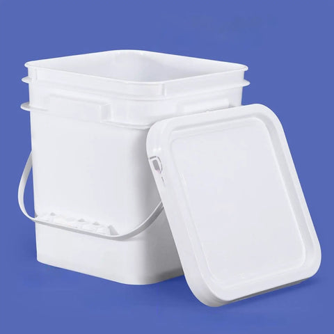 Empty Paint Pail And Food Storage Bucket 5L Lightweight All In One Versatile Container with open dust-proof lid on blue background.