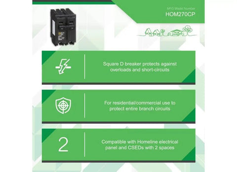 70 Amp Plug On Circuit Breaker Bulk Pack infographic with features for Homeline load centers