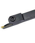 Close-up of Three Eighths Inch Grooving Tool Holder Set With MGMN150 Inserts, black steel holder showing insert in place