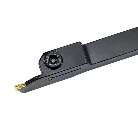 Close-up of Three Eighths Inch Grooving Tool Holder Set With MGMN150 Inserts, black steel holder showing insert in place