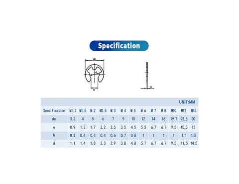 Specification chart for 290 Piece E Clip Set Circlip Assortment Kit 304 Stainless Steel External C Clips, sizes M1.2 to M15.