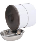 Wall Mounted Automatic Cat Feeder With WiFi Remote And 4 Liter Bin, a sleek white and brown pet food dispenser with stainless steel bowl.