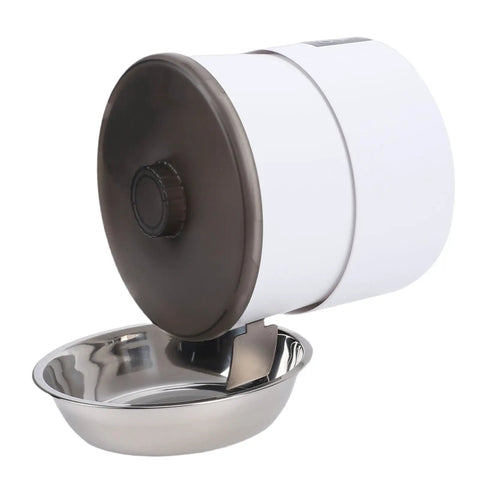 Wall Mounted Automatic Cat Feeder With WiFi Remote And 4 Liter Bin, a sleek white and brown pet food dispenser with stainless steel bowl.
