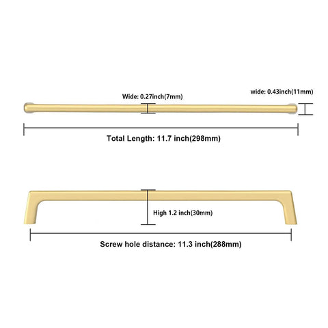 Heavy Duty Gold Cabinet Pulls Six Pack 11.3 Inch Boss Grade dimensions showing total length, height, and screw hole distance.
