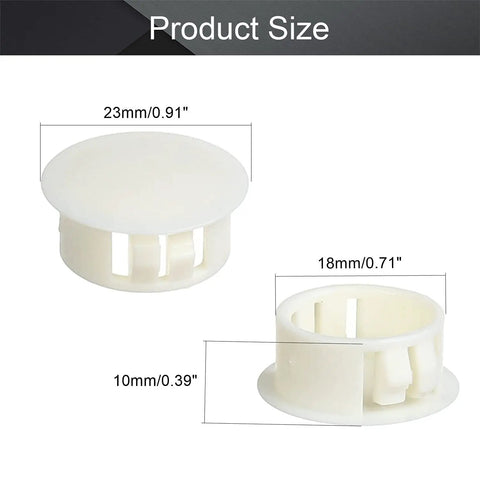 White Three Quarters Inch Plastic Hole Plugs Flush Round Snap Covers For Cabinets And Furniture End Caps Locking Panel Hole Plugs