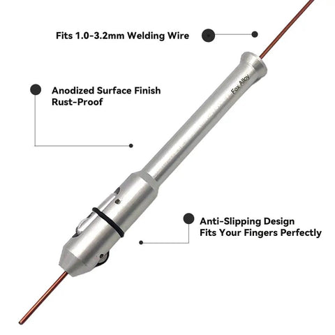 Wire Feeding Pen Tool For TIG Welding, Rod Holder And Filler Feeder Pen to stabilize welding rod, aluminum finish with annotations