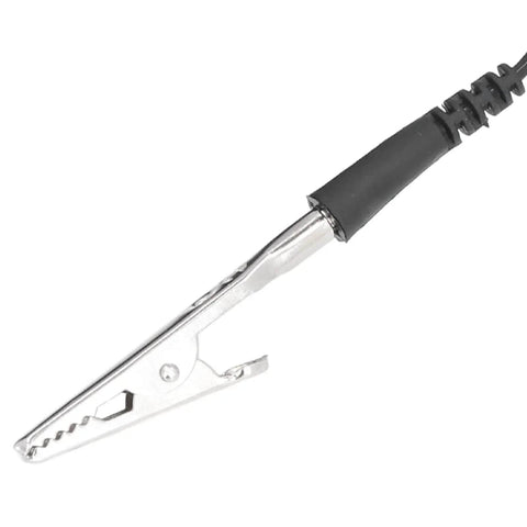 Close-up of alligator clip attached to adjustable anti static wrist strap ESD bracelet for electronics repair and phone fixes on the job.