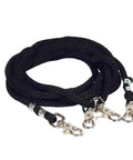 Black 16ft Draw Reins Poly Rope For Horse Training, featuring metal clips for precision cues and control in riding and longe work.