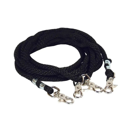 Black 16ft Draw Reins Poly Rope For Horse Training, featuring metal clips for precision cues and control in riding and longe work.