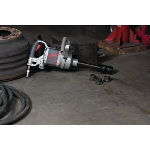 Pro Level One Inch Drive Air Impact Wrench with extended anvil, durable steel build, designed for heavy garage tasks.