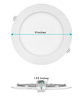 Top and side view of 4 Pack 8 Inch Ultra Thin LED Recessed Lights With J-Box, Dimmable Wafer Lighting, 9-inch diameter, 1.02-inch thickness.