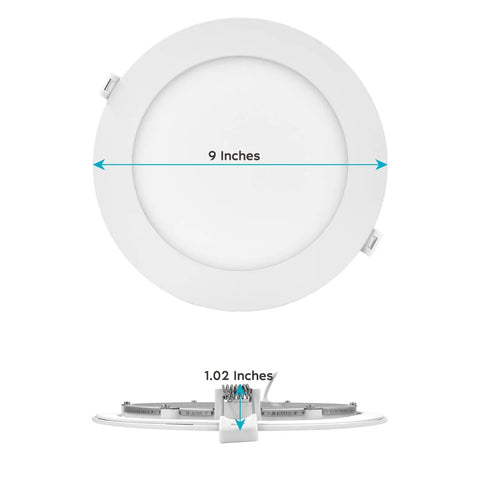 Top and side view of 4 Pack 8 Inch Ultra Thin LED Recessed Lights With J-Box, Dimmable Wafer Lighting, 9-inch diameter, 1.02-inch thickness.