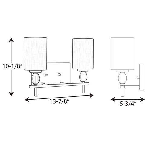 Technical drawing of Status Collection Two Light Etched Linen Glass Coastal Bath Vanity Light in Polished Chrome with dimensions