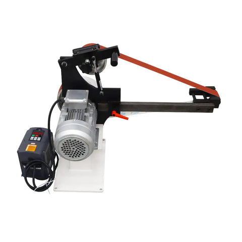 Industrial Workhorse Variable Speed Belt Sander 71 Inch Knife Grinder With Three Heavy Duty Wheels For Fast Rust Removal And Showroom Smooth Finishing On Metal Wood Ceramic Tools 110v side view with motor and belt setup