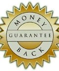 Money back guarantee seal in gold and white, representing customer satisfaction with purchase assurance.