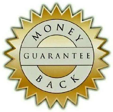 Money back guarantee seal in gold and white, representing customer satisfaction with purchase assurance.