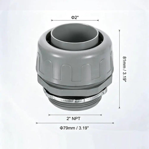 Five Pack Ridiculously Tough Two Inch NPT Plastic Flexible Conduit Connectors showing 2 inch NPT threading and dimensions.