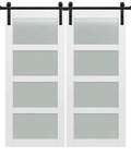 Barn Door Kit With Hardware For 84 By 84 Inch MDF Door, 4 Lite Frosted Glass, Frosted Collection, Matte Black Track And Joiner System