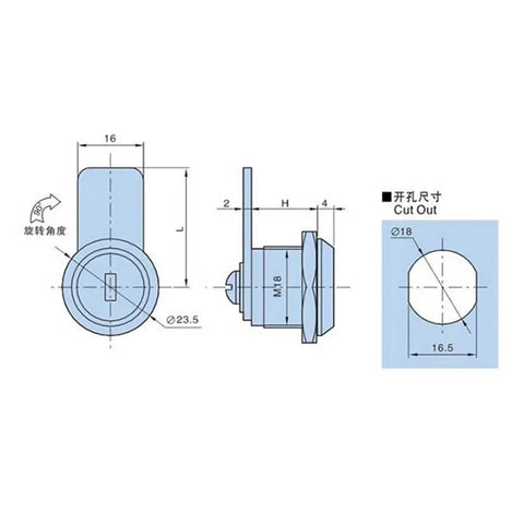 Technical dimensions of Heavy Duty Cam Lock For File Cabinets And Distribution Boxes With Reversible Stop Cams Non Key Retaining Design.