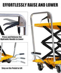 Hydraulic lift table cart, side view with double scissor lift, yellow platform, four wheels, non-slip pad, 330 lb capacity