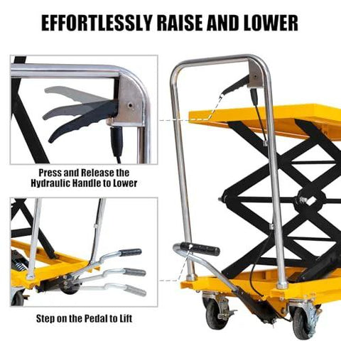 Hydraulic lift table cart, side view with double scissor lift, yellow platform, four wheels, non-slip pad, 330 lb capacity