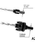 Hole Saw Kit LAIWEI 20pc with metal drill bit and arbor; 3/8 in shank and 7/16 in adapter, two components shown