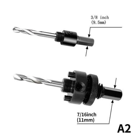 Hole Saw Kit LAIWEI 20pc with metal drill bit and arbor; 3/8 in shank and 7/16 in adapter, two components shown