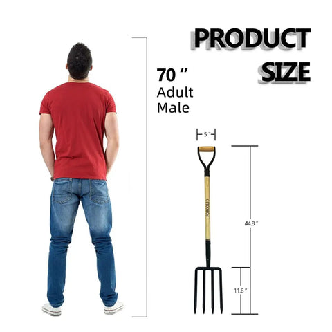 Garden Fork With Four Tine Spading Fork Head 45 Inch Forged Steel Y Grip Wood Handle compared to 70 inch adult male
