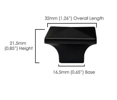 Matte Black Square Cabinet Knob, Modern Geometric Kitchen Cabinet Hardware, 1.26 Inch Wide Solid Zinc Drawer Pull side view