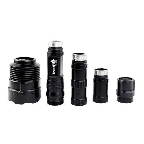 Disassembled view of High Power 2500 Lumen USB Rechargeable LED Flashlight with parts featuring rugged black finish.