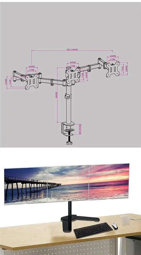 Straight Up Heavy Duty Triple Monitor Stand With 360 Degree Full Motion Arms for 10 to 24 Inch Screens mounted on a desk.