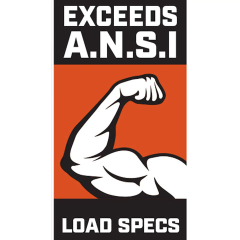 Illustration of a flexed arm with text 'Exceeds A.N.S.I Load Specs' indicating strength and durability of the product.