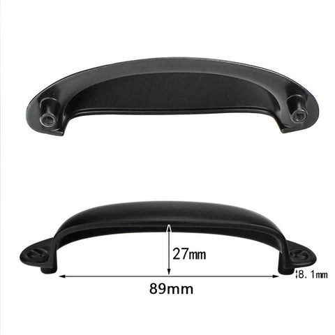 Front and side view of Ten Pack Vintage Farmhouse Style Matte Black Cup Pull Handles with 3.5 inch 89mm spacing.