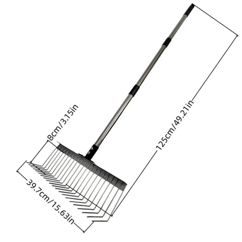 Rugged Heavy Duty Lawn Rake With Splicing Handle And 21 Tine Design For Effortless Debris Cleanup, dimensions shown