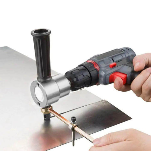Double Head Metal Sheet Nibbler Cutter And Hole Saw Drill Attachment Workhorse used on steel sheet for quick clean cuts