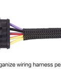 Close-up of 100 Ft 1/2 Inch PET Expandable Braided Cable Sleeve Black covering wiring harness